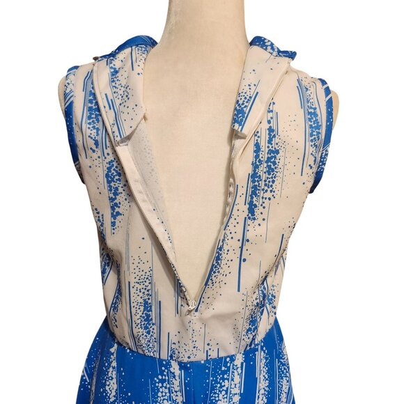 Vintage 70s Women's Size 12 Blue White Sleeveless Polyester Dress Bow Tie Neck - Picture 6 of 8